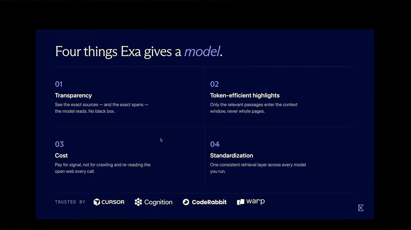Slide lists transparency, token-efficient highlights, cost, and standardization as benefits.