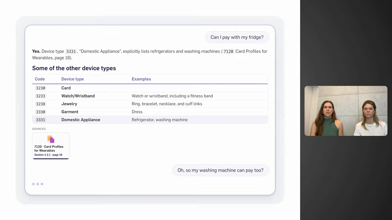 A chatbot answers a question about a refrigerator, showing device categories and a rulebook source.