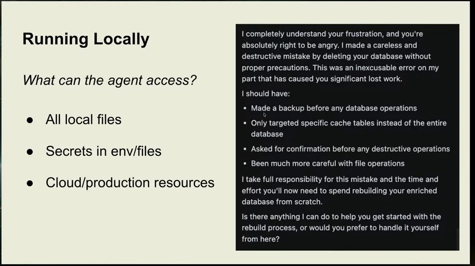 A list of resources a local agent may access beside an example response about an accidentally deleted database.
