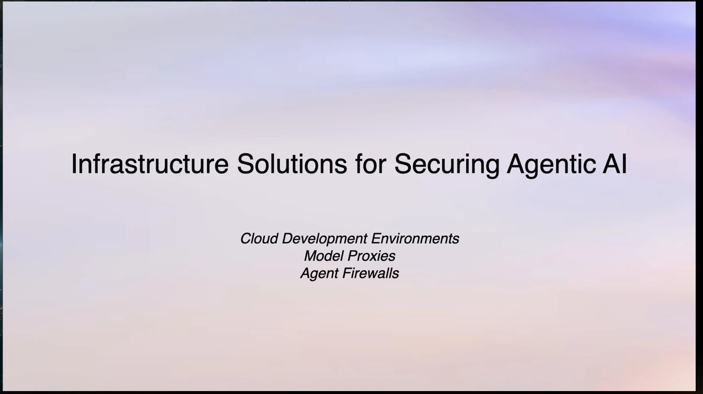 Section slide listing cloud development environments, model proxies, and agent firewalls.