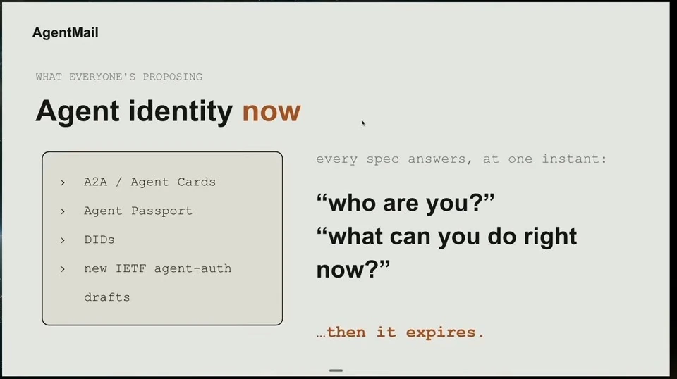 Agent identity proposals answer who an agent is and what it can do at one instant, before permissions expire.