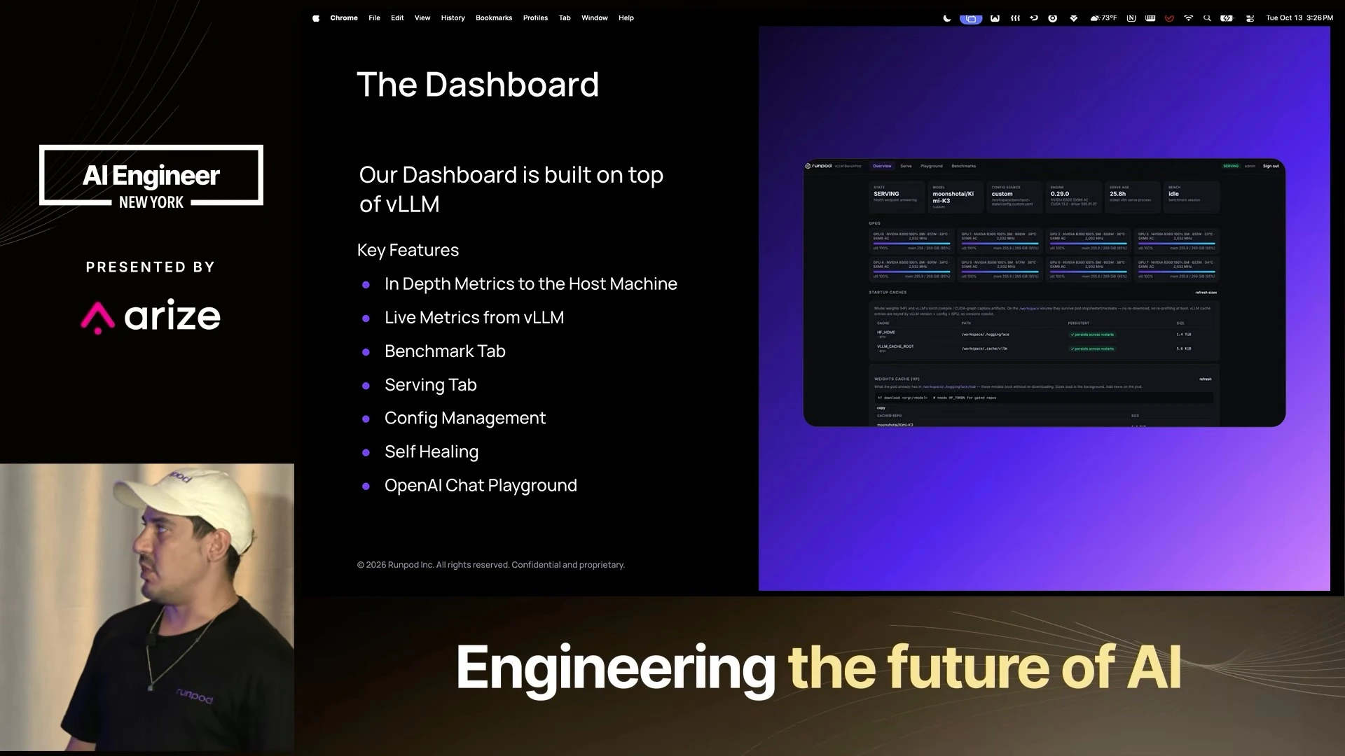 Dashboard overview listing host and vLLM metrics, benchmarking, serving, configuration management, self-healing and a chat playground beside an interface screenshot on a purple background.