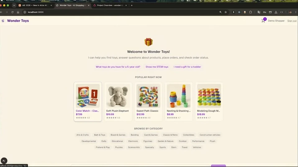 Wonder Toys home screen showing suggested questions, popular products, and categories.