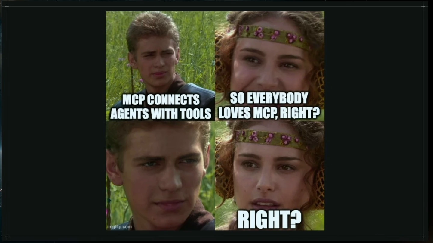 A four-panel meme asks whether everyone loves MCP because it connects agents with tools.