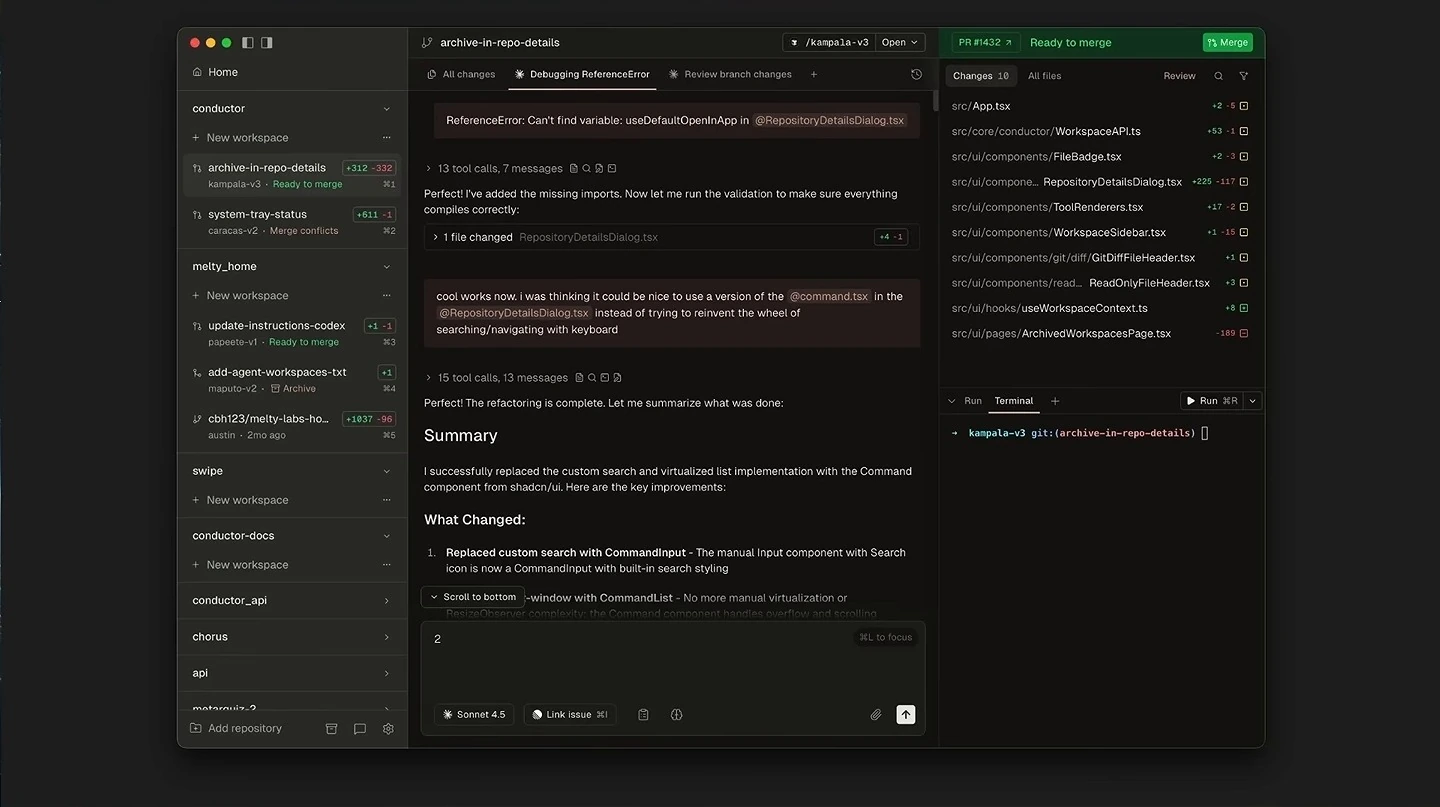 Conductor desktop interface showing workspaces, an agent conversation, changed files, and a terminal.