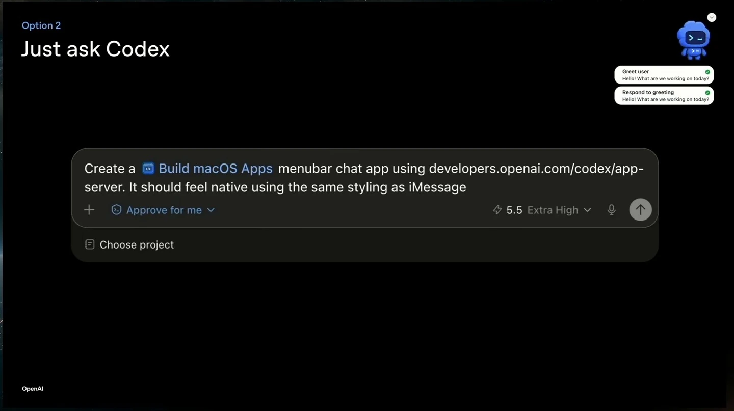 Slide shows a Codex prompt requesting a native-style macOS menu bar chat app using the app server.