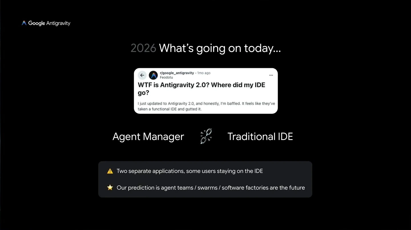 Slide contrasts the agent manager with the traditional IDE and predicts a future of agent teams and orchestration.