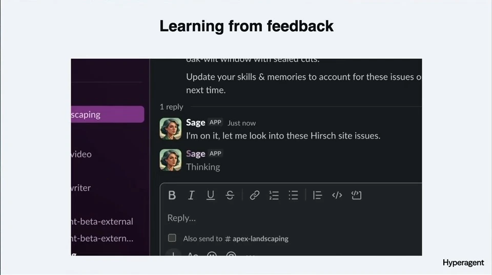 An agent acknowledges feedback about site issues in a chat thread.