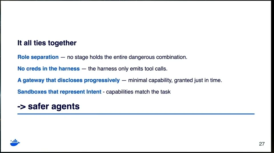 Role separation, credential-free harnesses, progressive disclosure, and task-specific sandboxes contribute to safer agents.