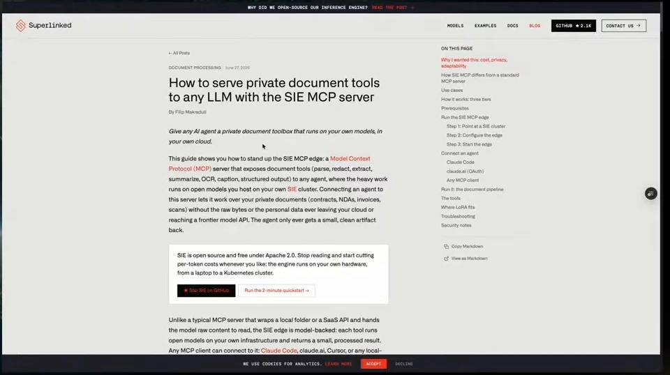 Superlinked article introducing a private document toolbox powered by the SIE MCP server.