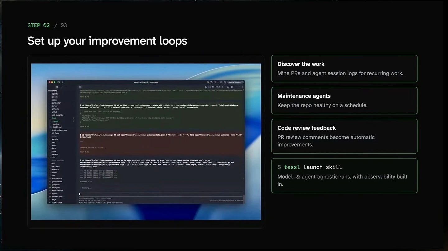 A slide outlines discovering recurring work, maintenance agents, code review feedback, and launching skills.