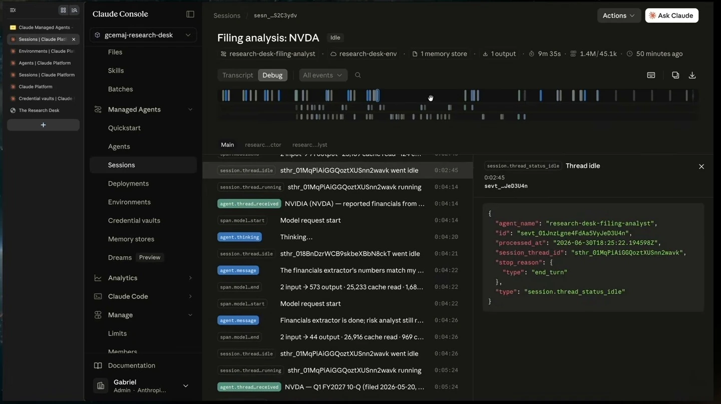 Claude Console debug timeline showing an idle main thread and agent activity during an NVIDIA filing analysis.