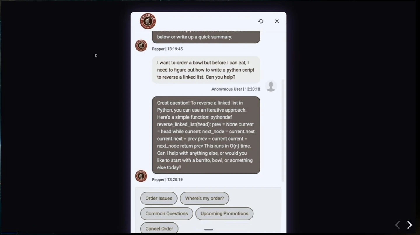 Chatbot conversation in which a customer asks about reversing a linked list and the bot provides a Python approach.