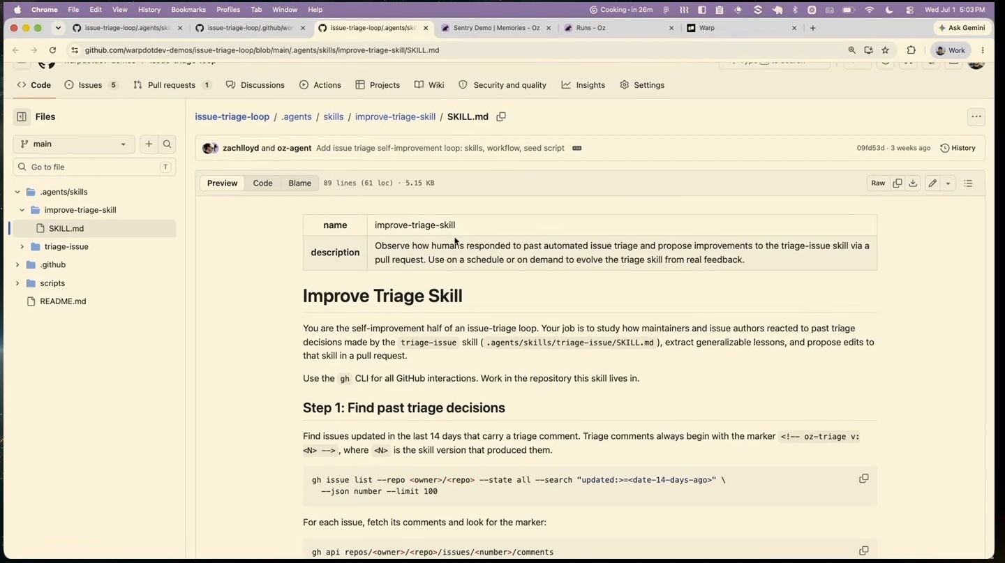 GitHub preview introducing the triage improvement skill and finding past decisions.