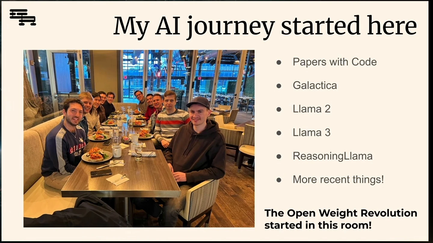 Team dinner photograph beside a list including Papers with Code, Galactica, Llama 2, Llama 3 and ReasoningLlama.