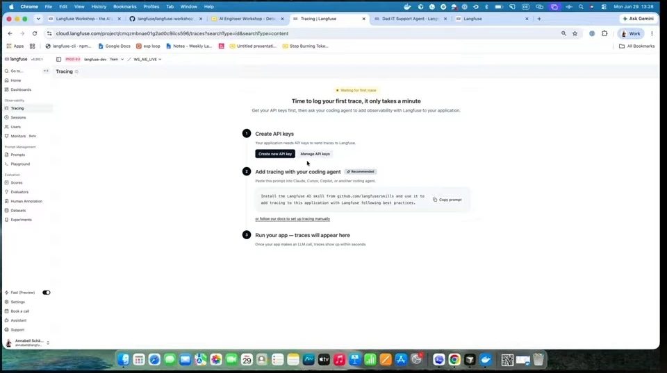 The tracing page shows onboarding steps for creating API keys, adding tracing and running an app.