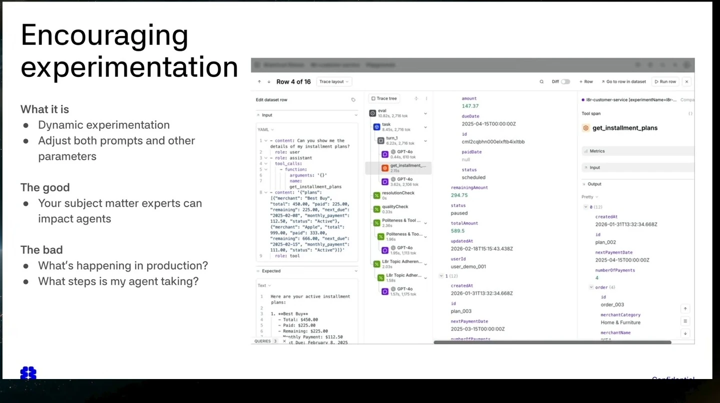 The experimentation slide shows an evaluation trace with a selected tool call and its output.