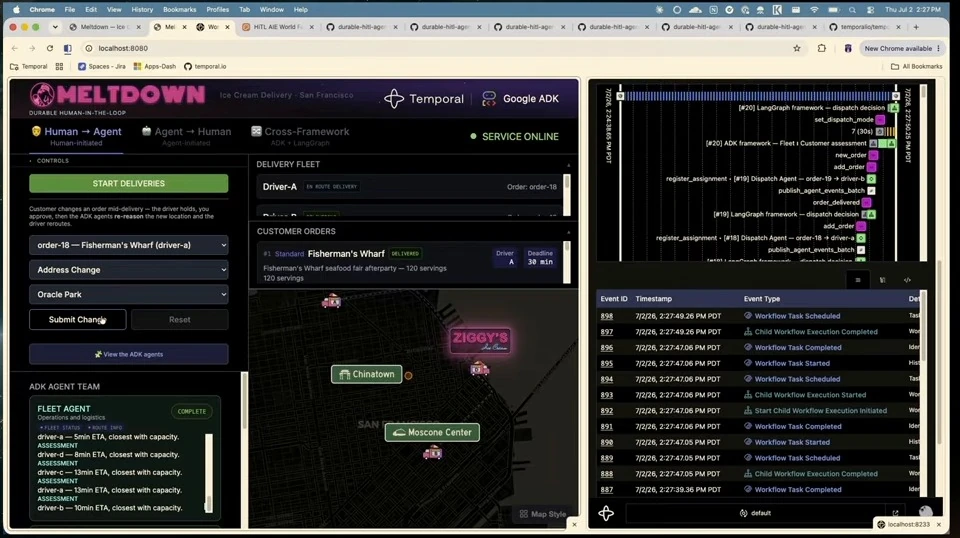 Delivery dashboard with an address change prepared and workflow history beside it.