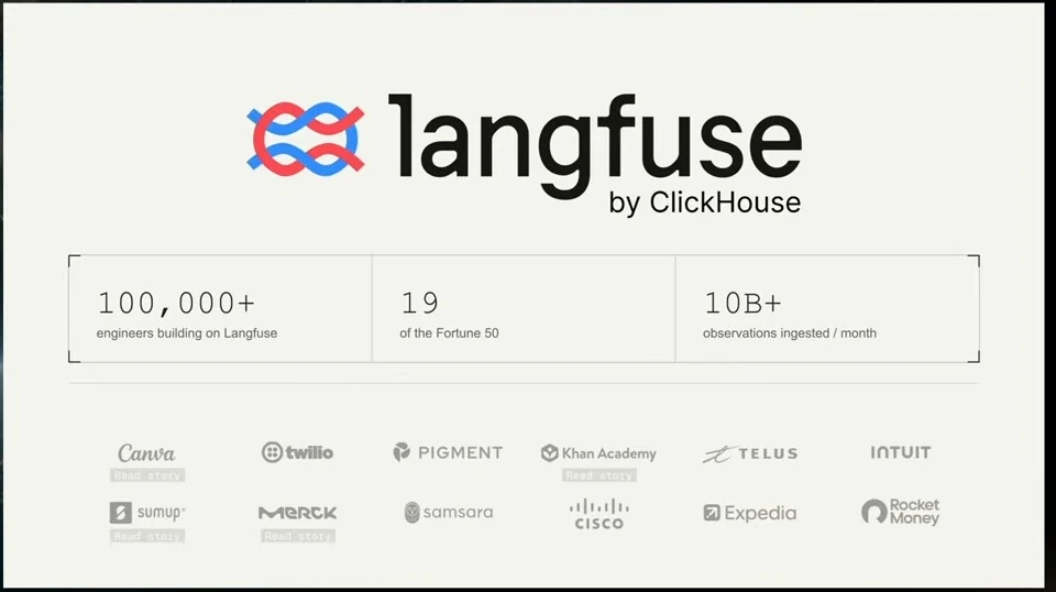 Langfuse branding, usage figures, and customer logos.