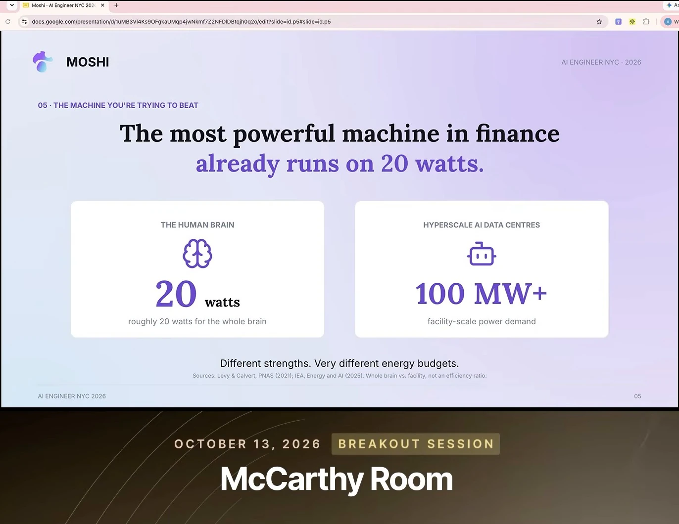 Slide compares the human brain's roughly 20-watt power use with data-centre facility demand of 100 megawatts or more, noting these are different scales.