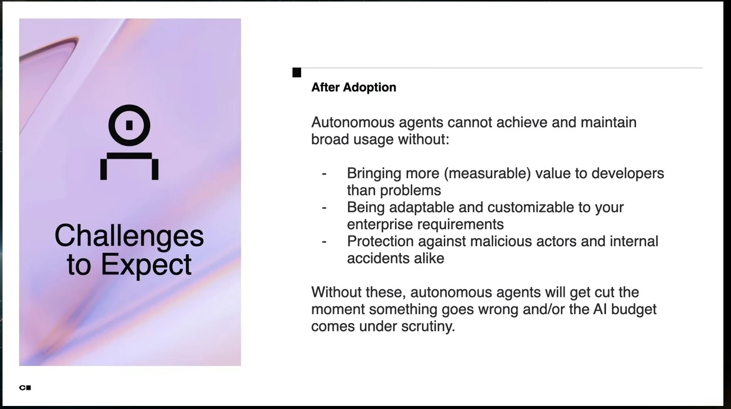 Requirements for sustained agent adoption: measurable value, enterprise adaptability, and protection from malicious actors and accidents.