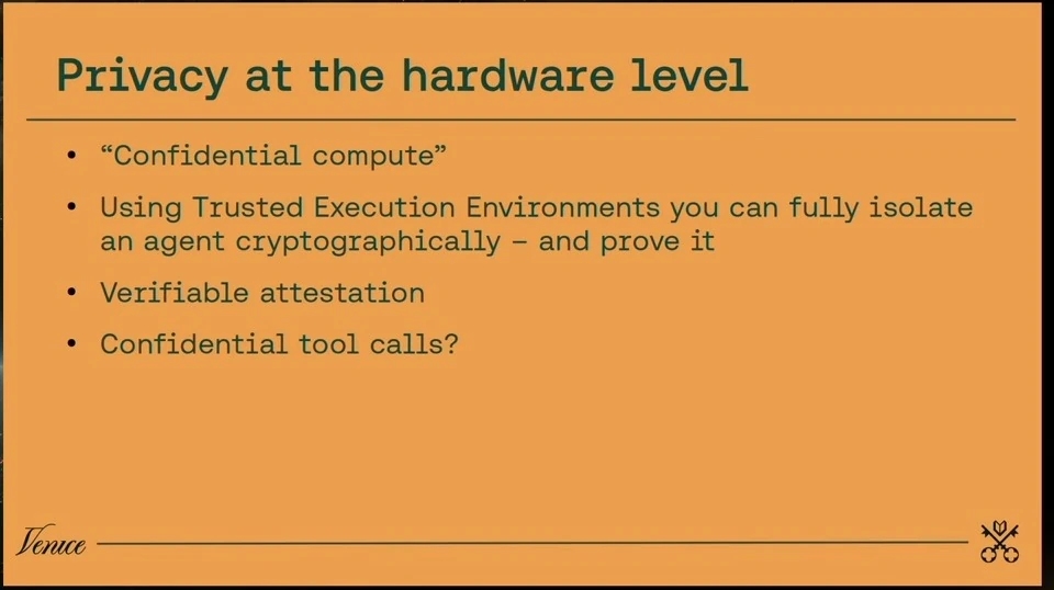 Slide discussing confidential compute, trusted execution environments, attestation, and confidential tool calls.
