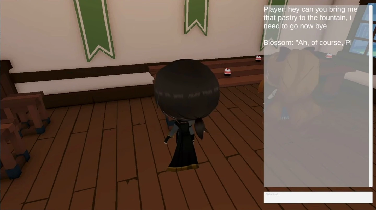 A gameplay scene shows a player requesting pastry delivery to a fountain while the agent begins responding.
