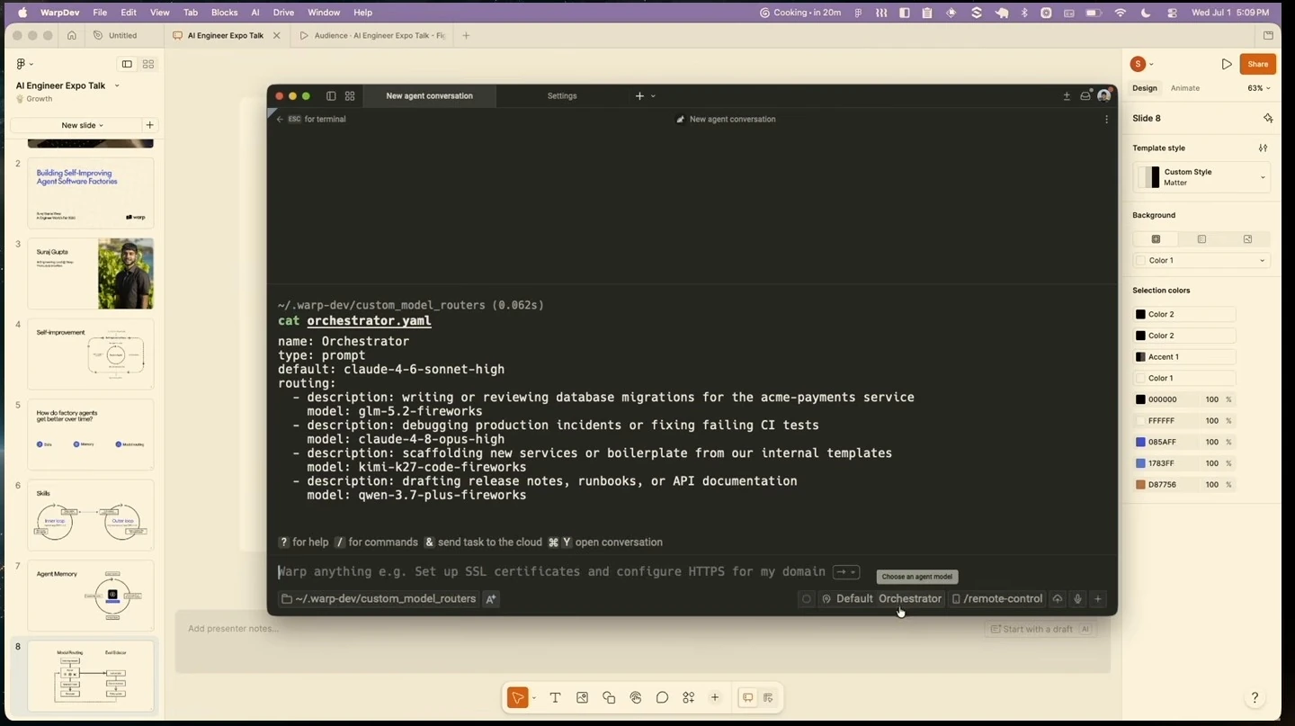 A terminal displays a configuration assigning different models to different categories of work.