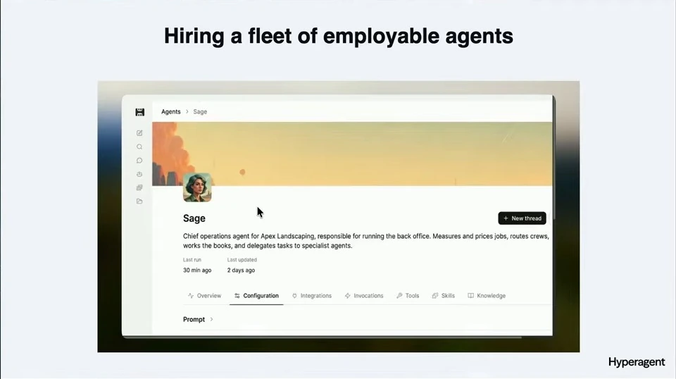 A slide showing the Sage agent's configuration page and its landscaping operations role.