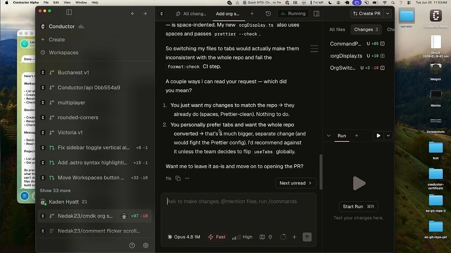 Conductor shows an agent explaining that the repository uses spaces and asking how to proceed.
