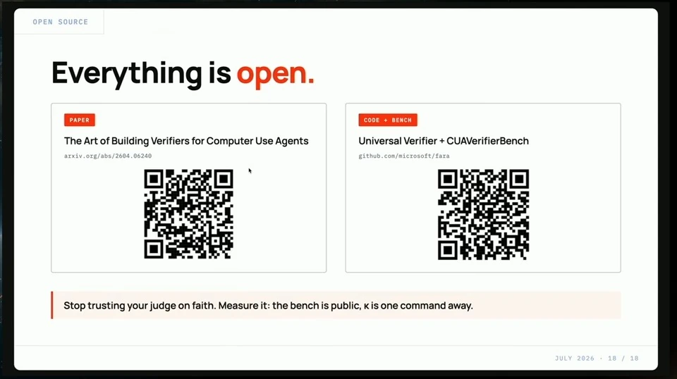 Two panels present the verifier paper and the code and benchmark, each with a QR code.