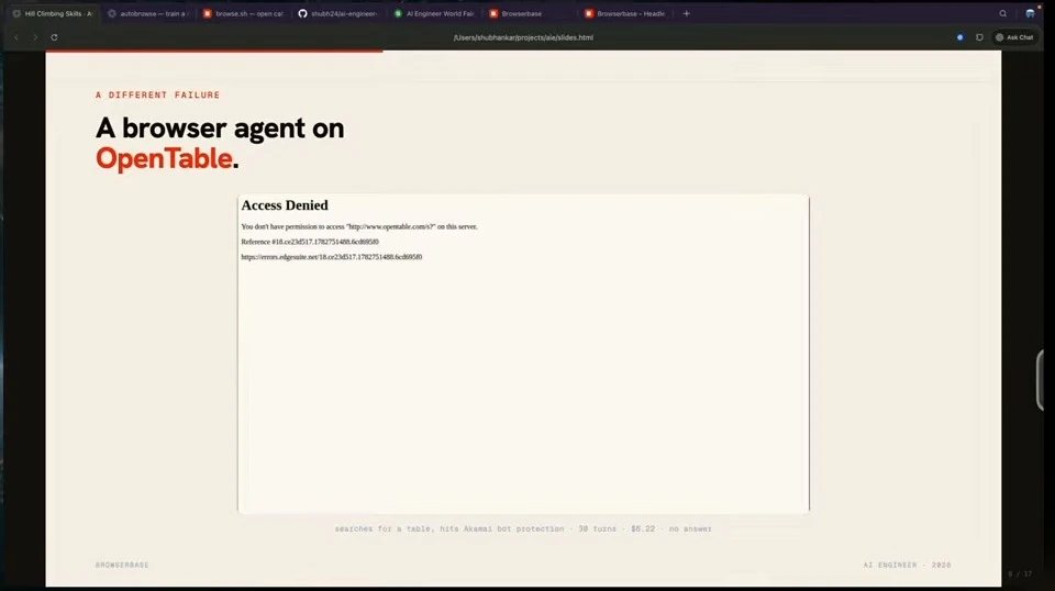 Slide showing an access-denied page in the OpenTable browser example.