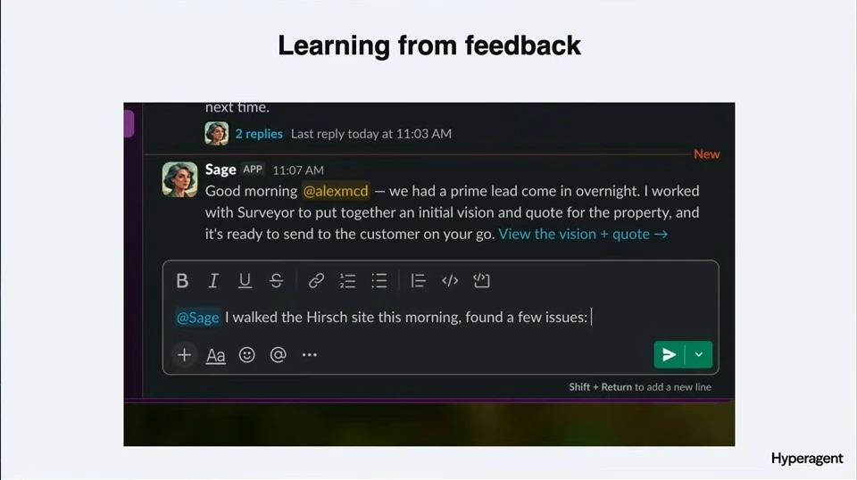A human drafts a message to an agent about issues found during a site visit.