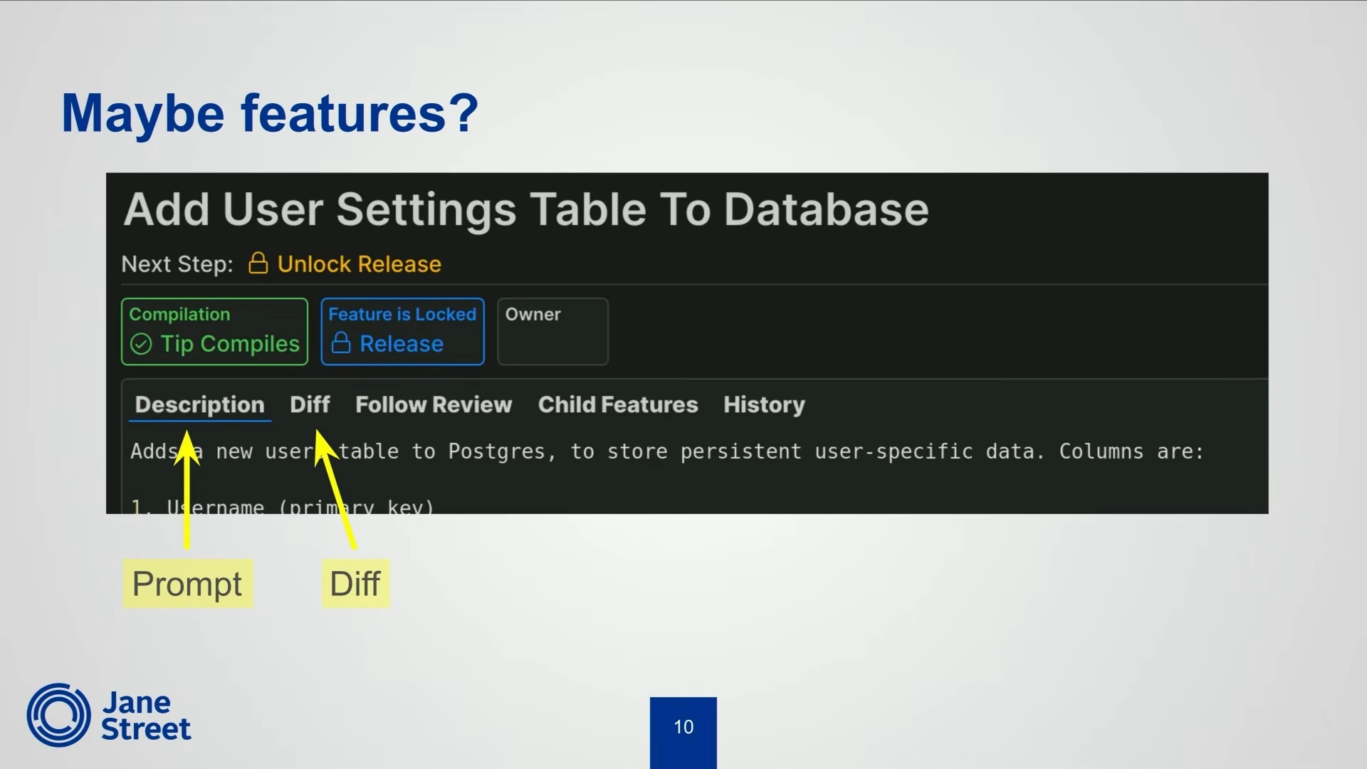 A feature review screen labels the description as a prompt and points to the diff tab.