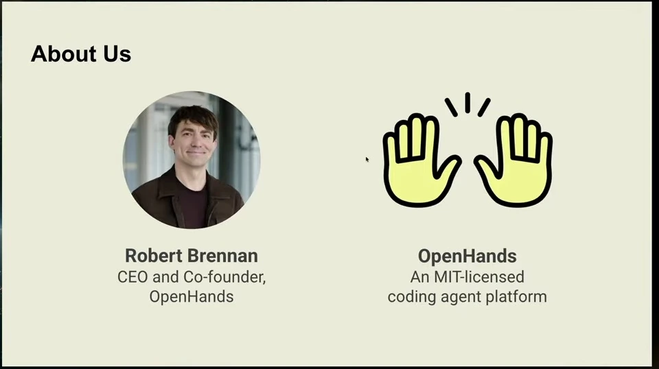 Robert Brennan, CEO and co-founder of OpenHands, alongside the OpenHands logo and platform description.