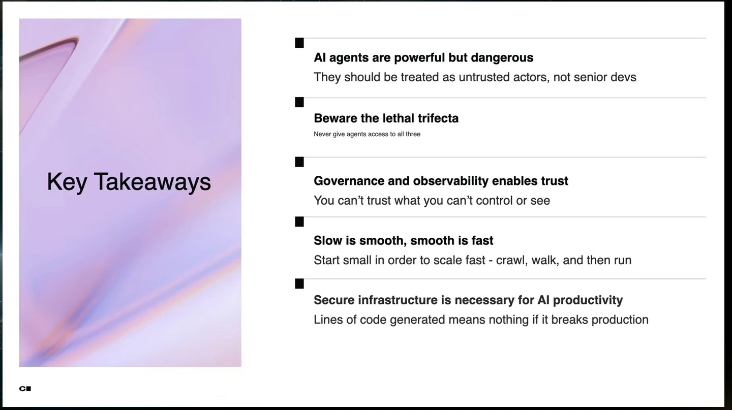 Five takeaways on agent risks, the lethal trifecta, governance and observability, gradual adoption, and secure infrastructure.