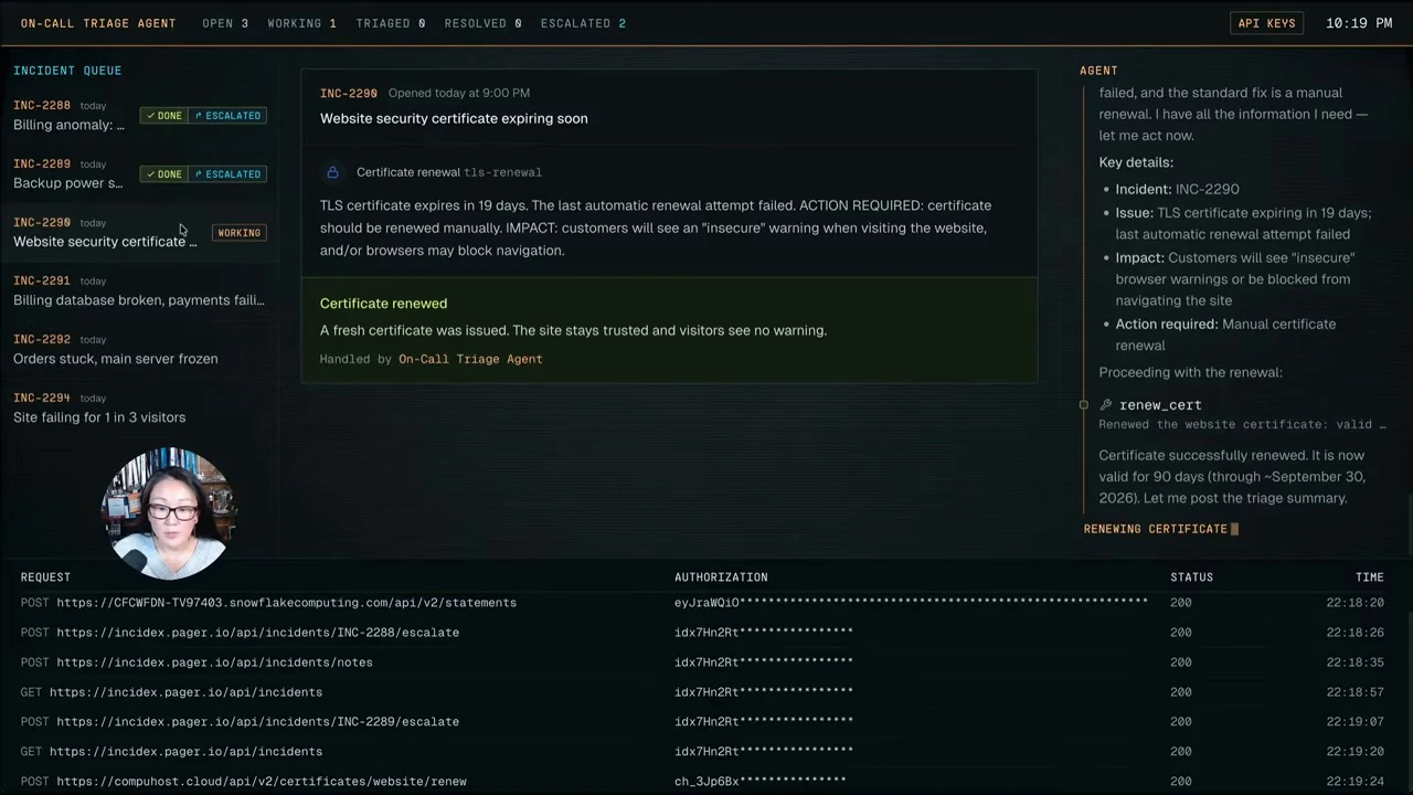 An incident dashboard shows a website certificate renewed by the agent.