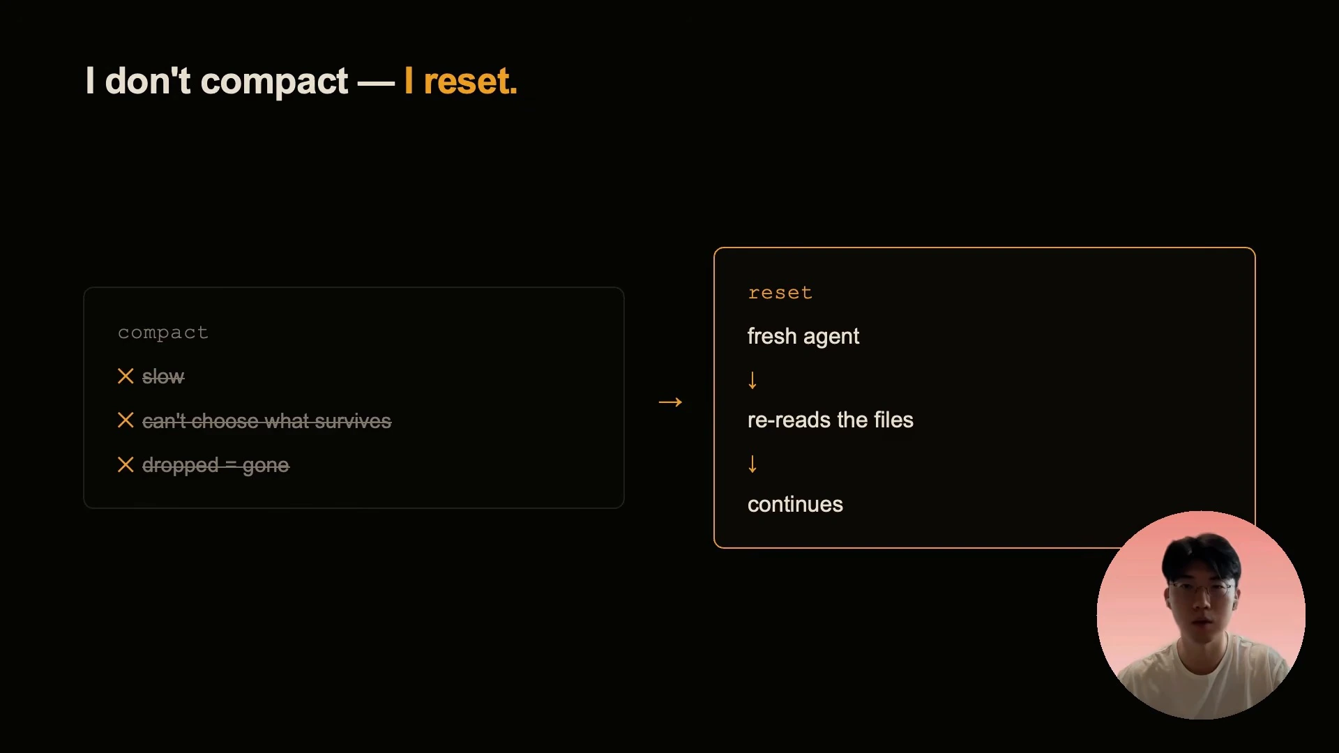 A fresh agent rereads files and continues after a reset.
