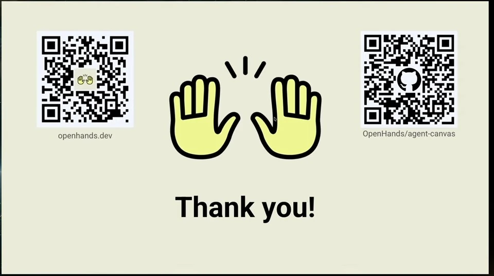 Thank-you slide with two raised hands and QR codes for the OpenHands website and Agent Canvas repository.
