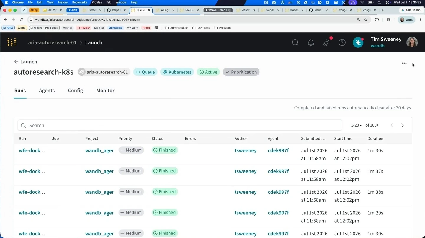A Kubernetes Launch queue shows a table of finished runs.