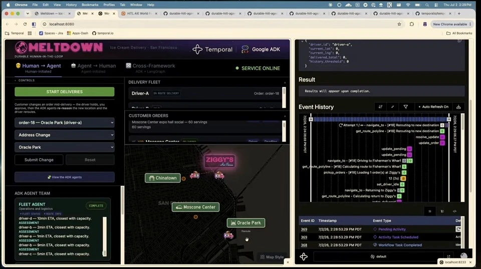 Delivery dashboard and workflow history showing an order being rerouted to a new destination.
