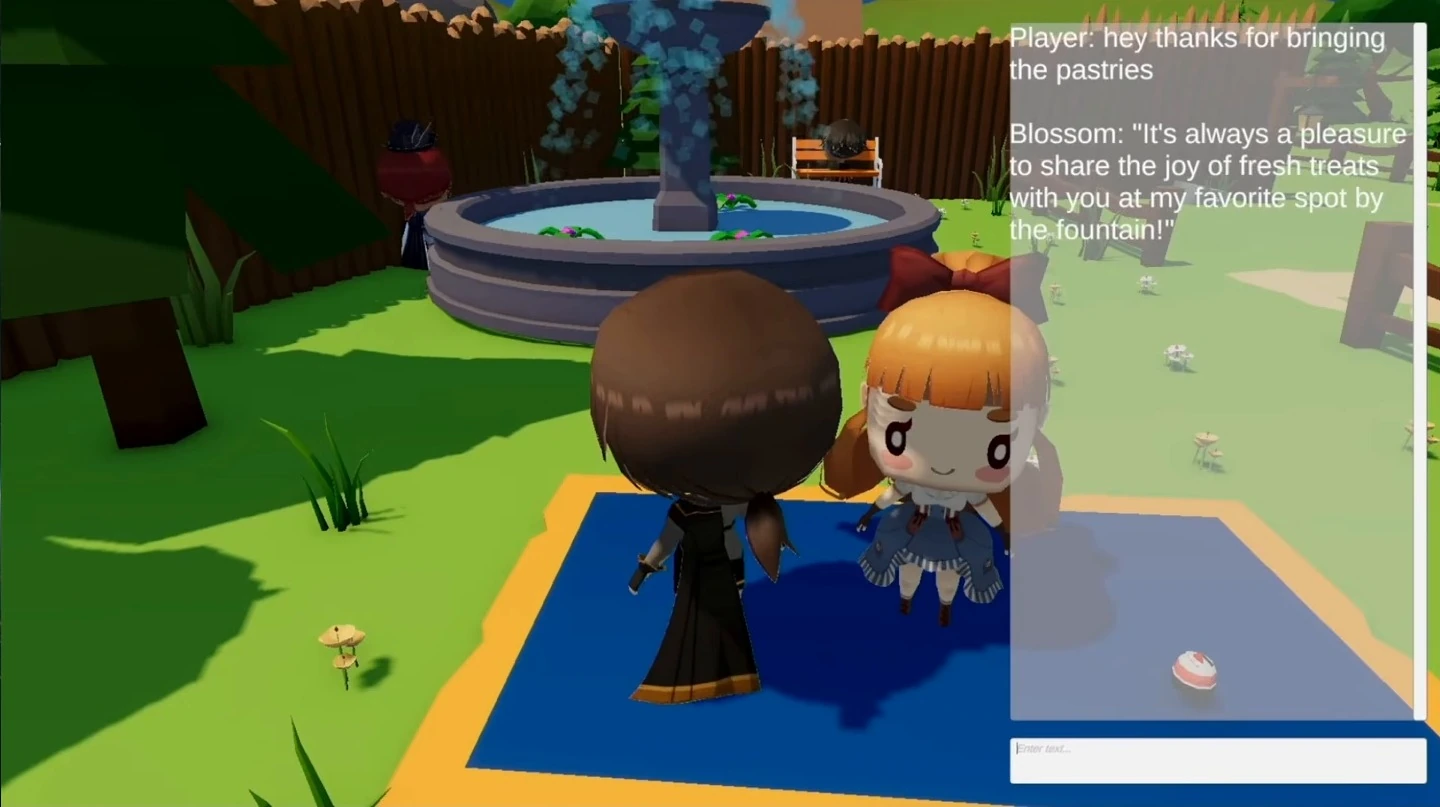 At the fountain, the player thanks Blossom for bringing pastries and she responds.