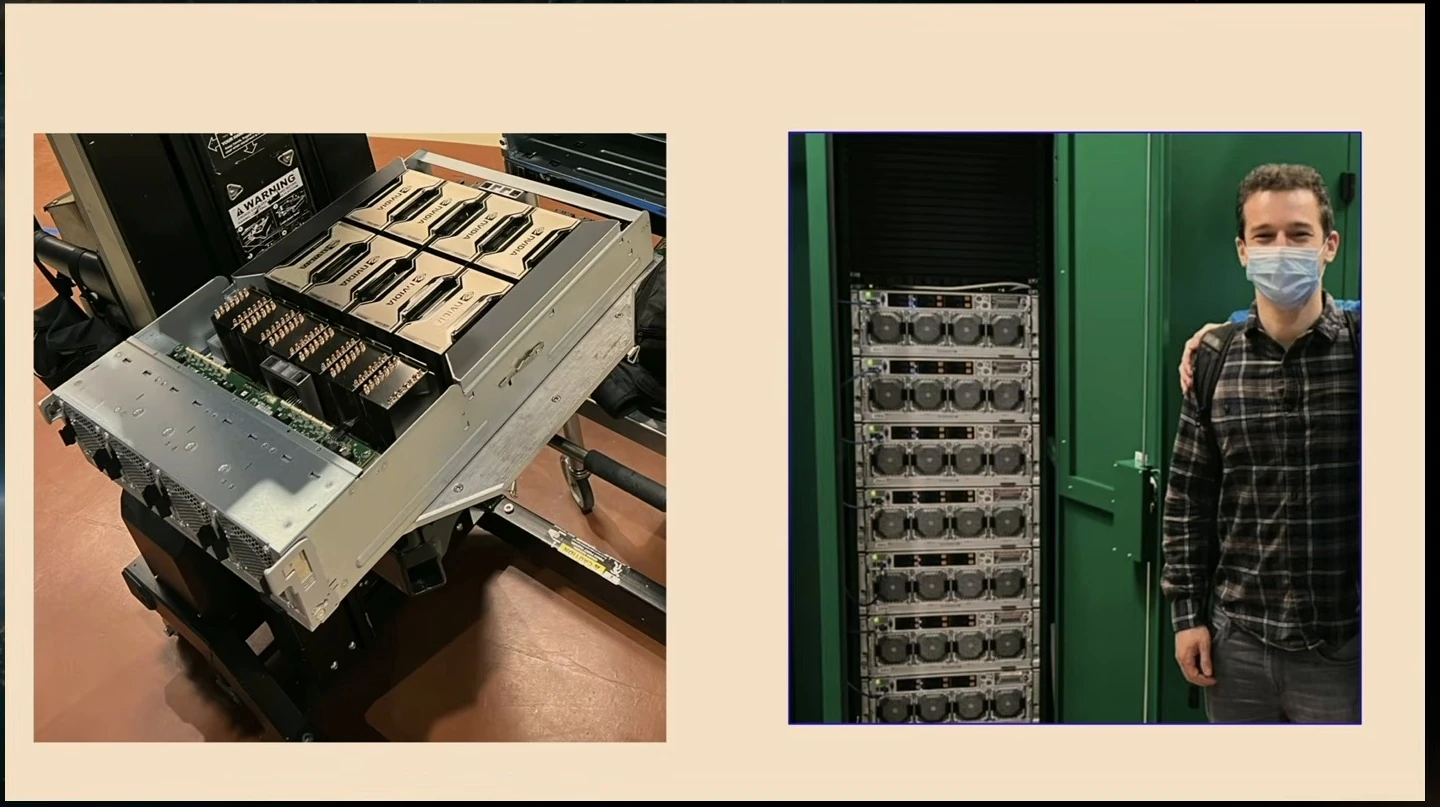 Photos of GPU hardware and a person standing beside a server rack.