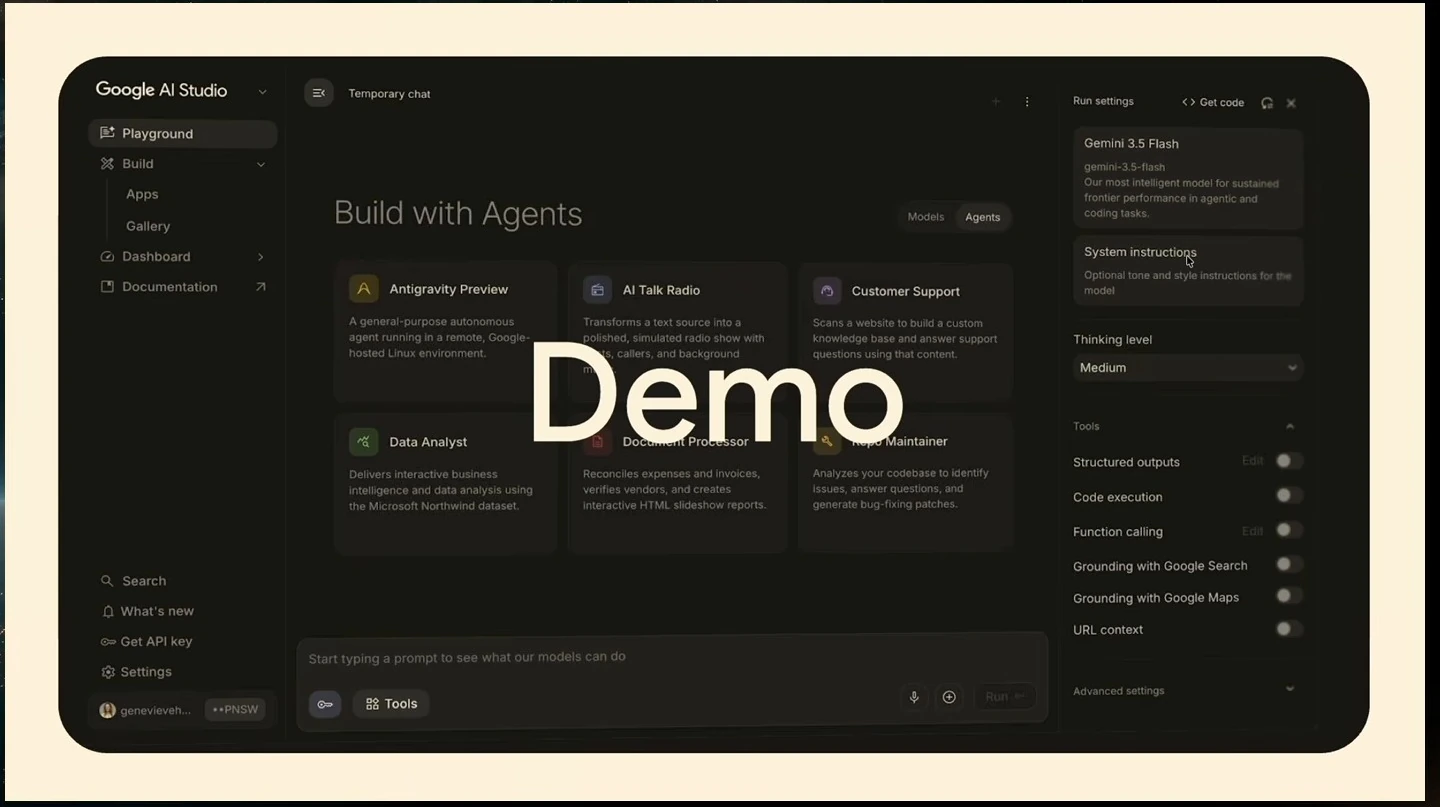 Demo title over a darkened Google AI Studio agents screen.