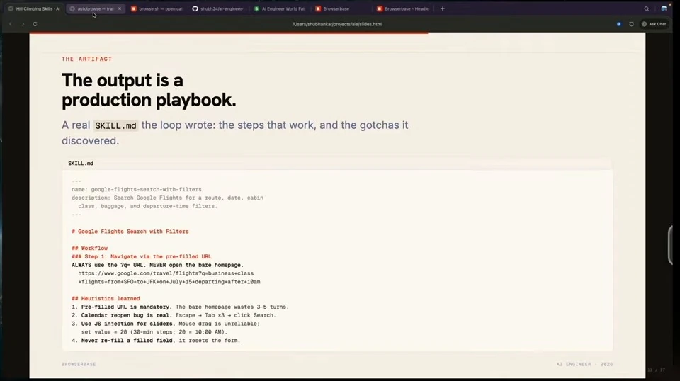 Slide presenting a skill file as a playbook containing the workflow and learned heuristics.