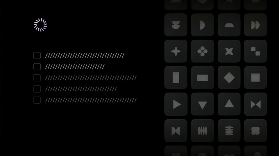 A spinner and five unchecked items beside a grid of symbol tiles.