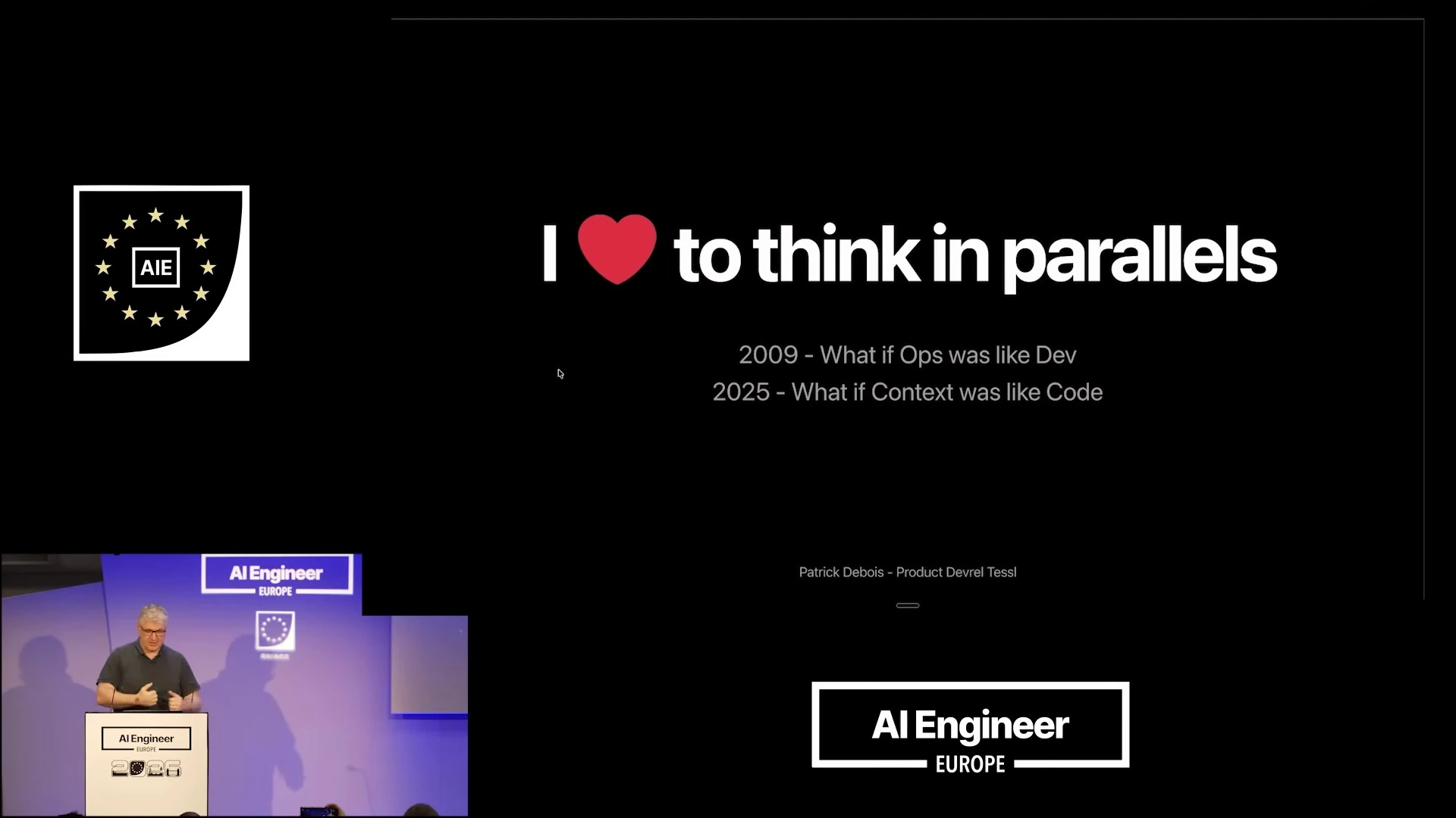 Slide compares the 2009 question of making operations like development with the 2025 question of making context like code.