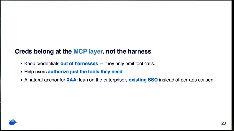 Slide advocates keeping credentials out of harnesses, authorizing needed tools, and using enterprise single sign-on.