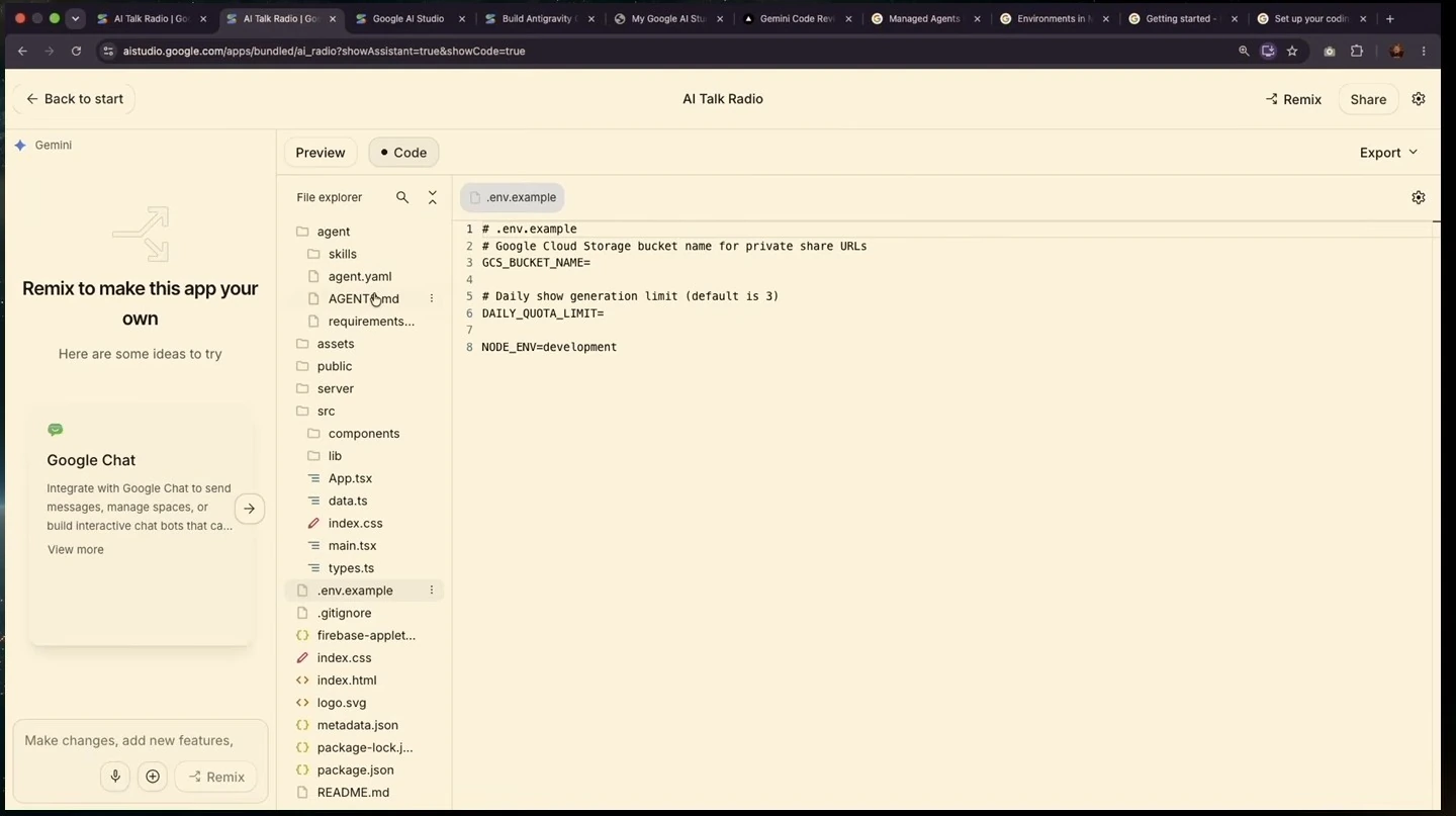 Code editor showing an example configuration file alongside the expanded agent folder.