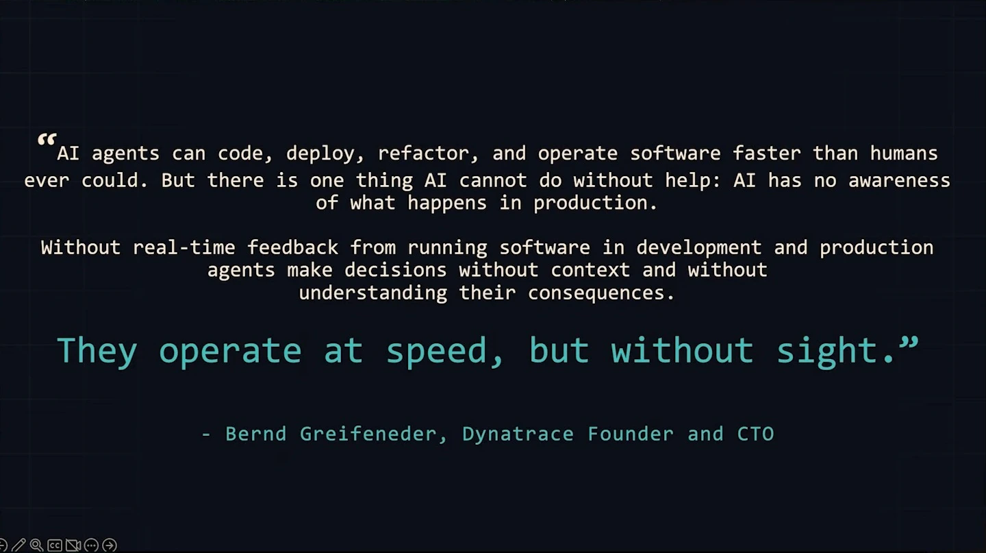 A quotation attributed to Bernd Greifeneder says AI agents lack production awareness and real-time feedback.